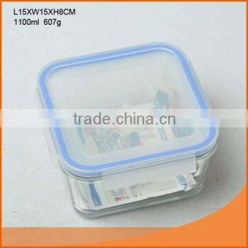 High output clear square glass food container with lid used in kitchen