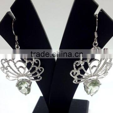 Green Amethyst Oval Gemstone Dangle Earrings, 925 Solid Sterling Silver Earrings, Designer Indian Jewelry