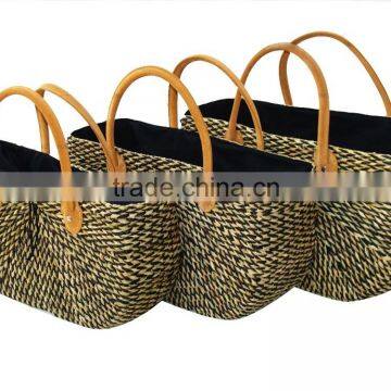 High quality best selling black water hyancinth lady handbag with leather handle from vietnam