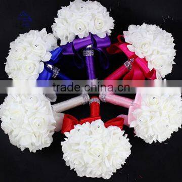 White Crystal Roses Pearl Bridal Bridesmaid Wedding Bouquet Artificial Silk Flowers