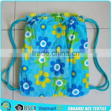 Wholesale cotton velour blue flower printed alibaba supplier beach towel bag with drawstring