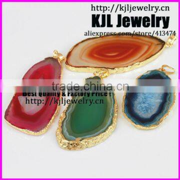 KJL-A0418gold plated natural agate slice stone pendant,mix color quartz geode gem stone pendant jewelry,charm druzy stone