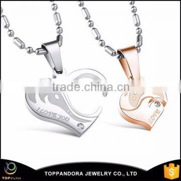 Wholesale Jewelry 2016 Silver Rose Gold 316l Stainless Steel Jewelry Heart Pendant Necklace with Crystal Necklaces For Couple