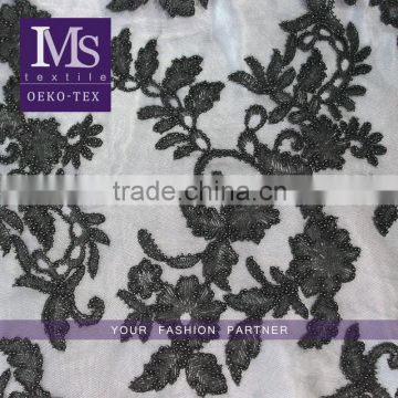 Latest modern black beads embroidery textile fabric for cloths or dress