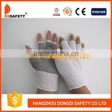 DDSAFETY White Cotton Polyester String Knit Gloves With Black PVC Dots One Side Half Finger Gloves