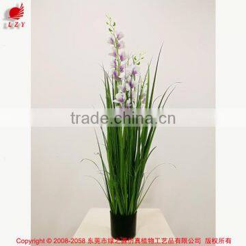 2017 Wholesale Nearly Nature Artificial Grass Synthetic Onion Grass with Orchid in Pot Fake Grass for Indoor Decoration