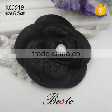 Decorative beautiful bead center black gennuine leather shoe flower for ladies shoes