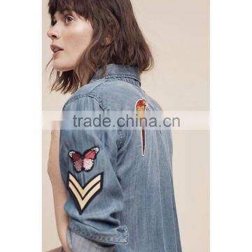 Guangzhou Women Clothes Long Sleeve Patch Embroidery Vintage Denim Shirt photo-2