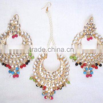 JADAU KUNDAN GOLD PLATED multicolor Dangler EARRINGS TIKA SET real look