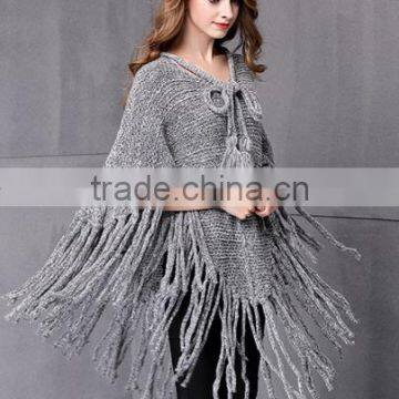 2017 Ladies Stylish Custom Made Tassels Hem Pullover Sweater Poncho With Best Quality photo-3