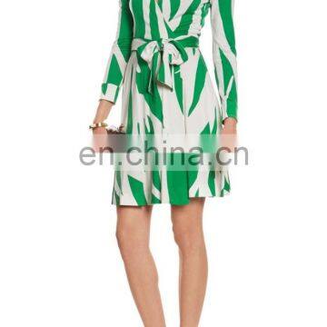 Fashion Women 100% Silk Long Sleeve Printed Silk Jersey Green Wrap Dress With Waist Ties photo-3