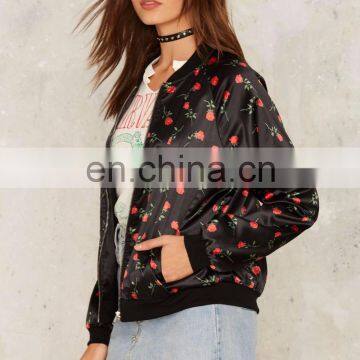 Oversized Black Satin Rose Print Bomber Jacket photo-2