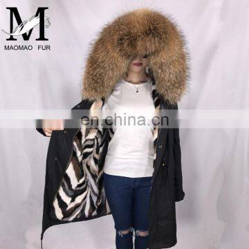 Newest Fashion Genuine Fur Lined Parka Large Raccoon Fur Hooded Mink Parka 2016