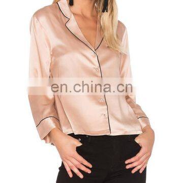 Pink Silk Satin Blouse For Women Smart Casual Wear Pajamas Style Long Sleeve T-Shirt photo-2