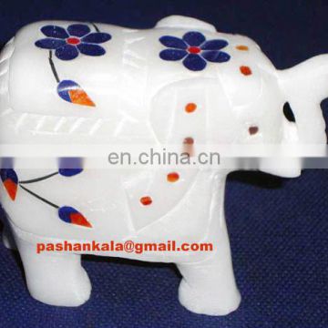 Indian White Marble Inlay Elephant Statue