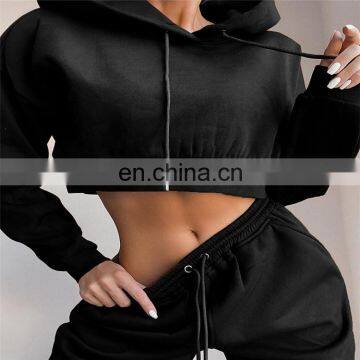 Women Causal Plain Loose 2 Pieces Drawstring Jogger Sweatpants Crop Hoodie Set photo-4