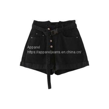 High waisted multi Button Black Denim Shorts for women to show thin and comfortable elastic free curling wide leg hot pants with belt