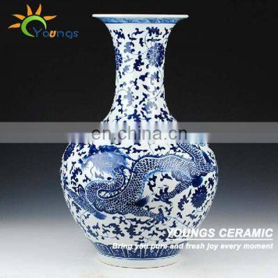 Chinese H56cm Ceramic Big Blue White Dragon Vase Big Floor Vase