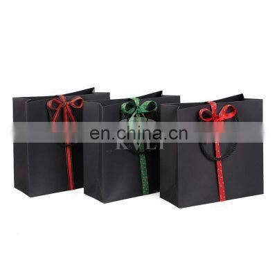 Private Label Large Size Flat Black Gift Paper Hand Bags With Nylon Handles Bulk Sale For Retail Online Sale