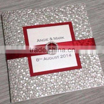 Custom Printed Pebble Embossed Silver Pocket Wedding Invitation with Ribbon