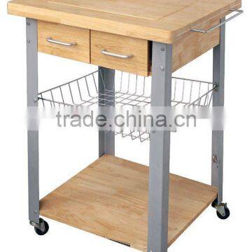 Rubber wood kitchen cart with powder coating metal feet