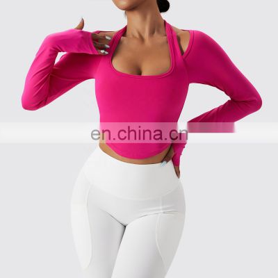 Sexy Halter Neck Long Sleeve Sports T shirt Women Custom Logo Sports U Hem Skinny Thumb Hole Tops