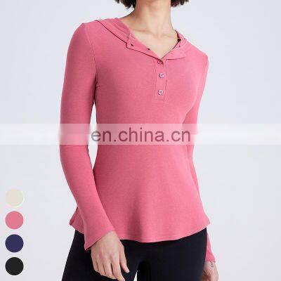 Wholesale Fall Winter T-shirt Long Open Neck Running Shirts Custom Gym Fitness Tops Long Sleeve Hooded T Shirt Women Yoga Top photo-4