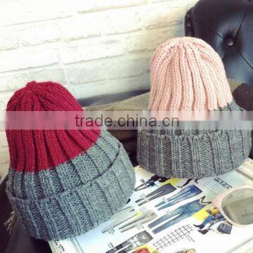 Hot Selling Peaked Top Two Tone Colors Rolled Brim Crochet Knitting Hat and Cap