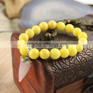 BRH0909 Yellow dyed jade beaded& Rose quartz point charm stretch bracelet