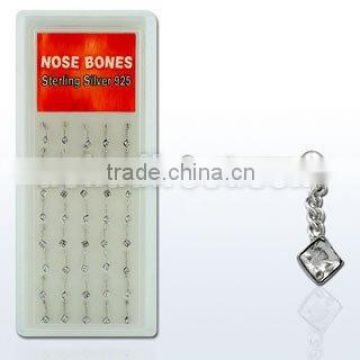 925 sterling silver nose bones with chain dangling square crystals