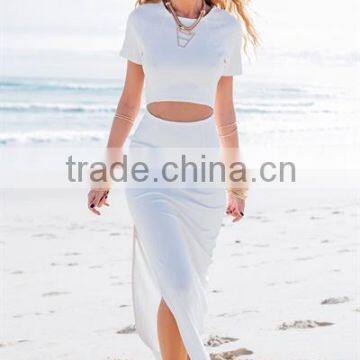 Cut out the waist fitted full length white sexy side split maxi dress