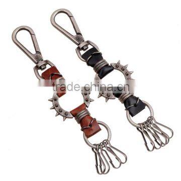 Hot Metal Round Pointed Weapon Cow Leather Keychain Men's Fashion Handmade Decoration Calf Skin Leather Keyring FHMK0008