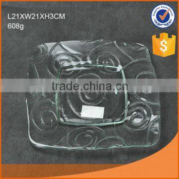 whole sale L21cm clear square glass plate with floral pattern embossing