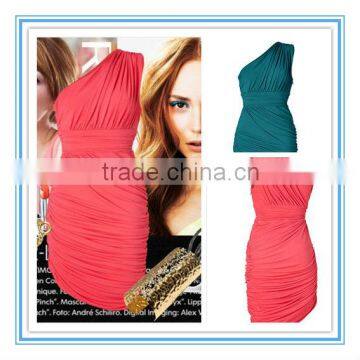 Actual Sample One Shoulder Pleat Chiffon Sheath Sexy Watermelon Muslim Bridesmaid Dresses(AC-1002)