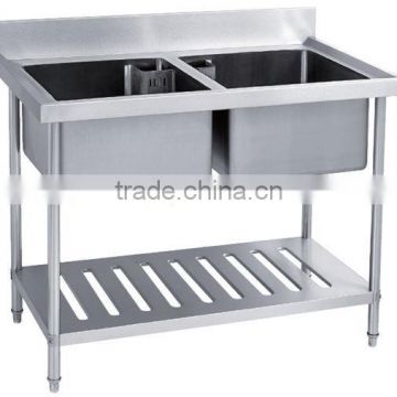 Double Sink Bench With Pot Shelf, Stainless Steel Bench Sink With Splashback & Pot Shelf