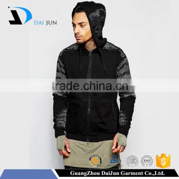 Oem 100 % cotton with drawstring and pockets reflect point on sleeves and hood black full zip men thick drawstring hoodie