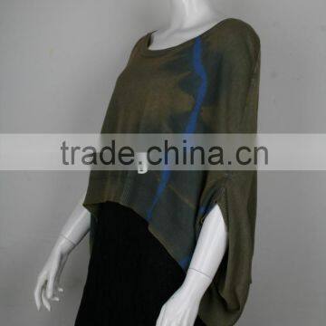 Ladies' Scoop Neck Poncho Botwing Sleeve Knitted Sweater With Dirty Wash &tie Dyed