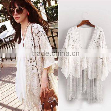 High Quality 2016 Summer Fashion Women Half Flare Sleeve Blouses Tassel Complicated Embroidery Beaded Sequin Long Cardigan