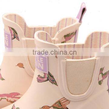 Beige Cream Color Bird Printed Girls Soft Comfortable Warm Winter Waterproof Shoes Garden Use Antislip Outsole Rain Boot Wellies photo-5