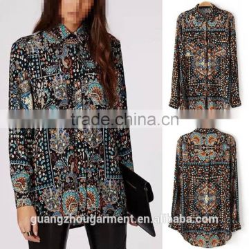 Latest long sleeve Single-Breasted Retro Ethnic Totem vintage printed Slim Shirt blouse designs for women 2015 fashionable top