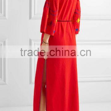 Boho Red Embroidered Cotton Long Balloon Sleeve Maxi Dress Hand Mexican Embroidered Dress Long Dress Chiffon New Style HSD5844 photo-4