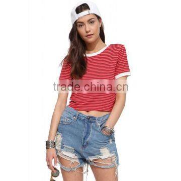 Ladies short sleeve round neck red and white horizontally stripped cotton custom crop tops