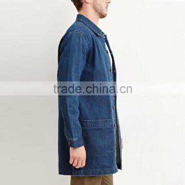 Longline Denim Dark Blue Long Jacket With Pocket for Men photo-3