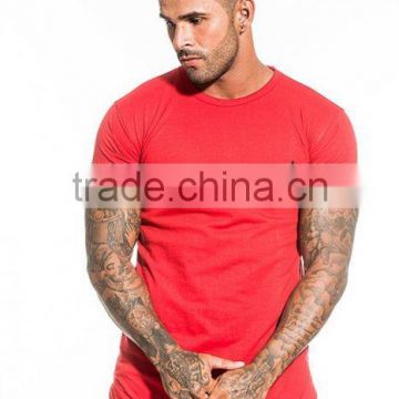 Red Longline T-Shirt 96% Cotton 4% Spandex Men's Short Sleeve Curved Hem T Shirt Elongated T Shirt Custom Gym Fitted T Shirt