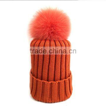 Myfur Fashion Orange Color Customized Fox Fur Pom Pom Knitted Hat