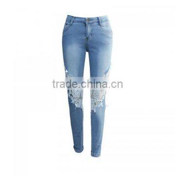 High Waist Girls Jeans Hollow Lace Patchwork Light Blue New Women Sex Pants photo-4
