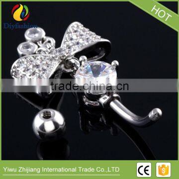 Stainless Steel Big CZ Bowknot Long Navel Ring