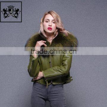 Women Large Fluffy Real Raccoon Fur Collar Jacket Sheepskin Coat Genuine Sheep Leather Jacket In Winter