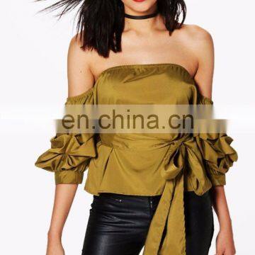 2017 Latest Fashion Top Design Tie Waist Ruched Sleeve Bardot Top