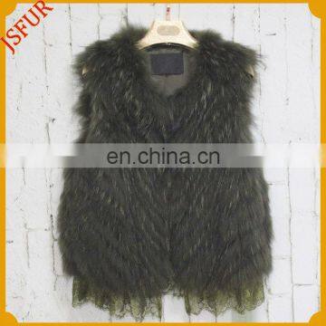 High quality women waistcoat with lace-detailed real raccoon fur vest ladies leather vest in spring